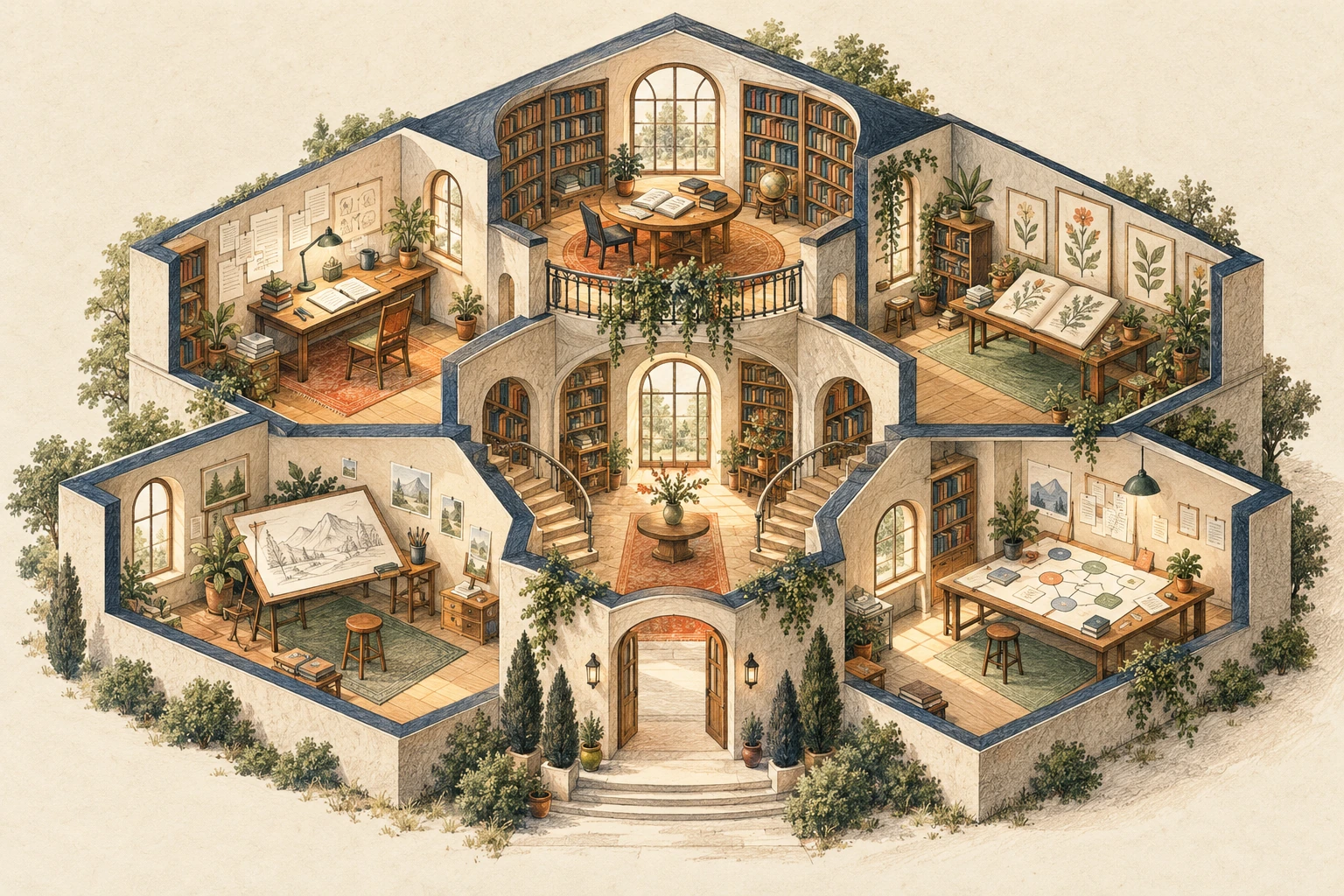 An open, connected home for notes, sketches, books, and projects, illustrated in warm paper tones.